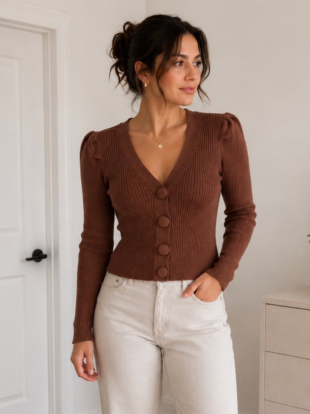 Industry Ribbed Puff Sleeve Button Cardigan Brown Size Medium Stretchy Coquette